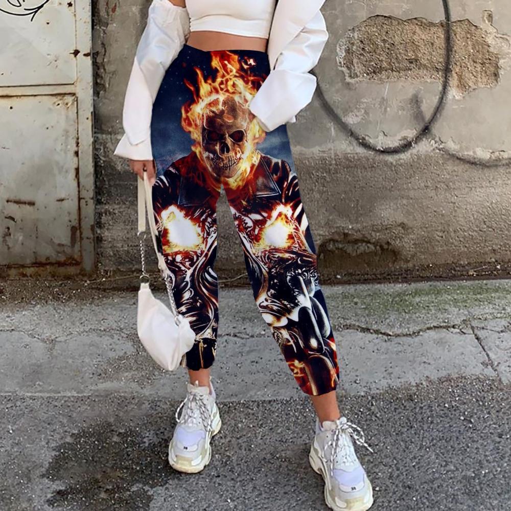Skull Trousers Women Punk High Waist Pants Flame Trouser Motorcycle Casual Pant - KYKU