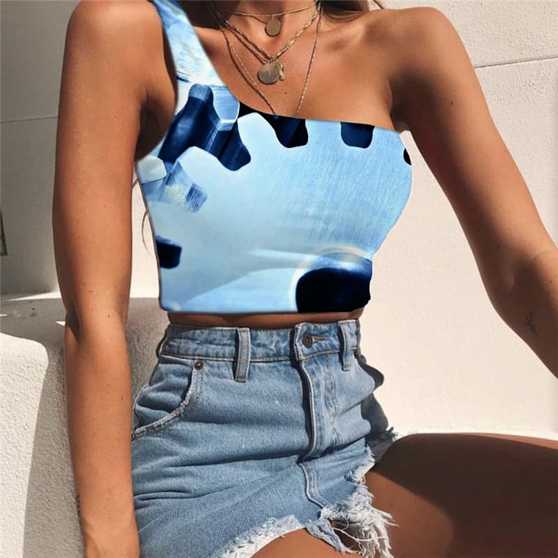 Metal Vest Tops Women Engine One Shoulder Crop Gear Tees Graphic Punk Rock Midriff T shirt