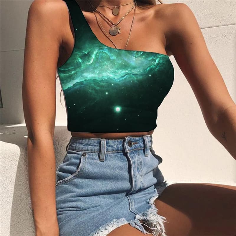 Galaxy Tank Tops Women Space Midriff T shirt Universe Sleeveless Shirt Black One Shoulder Crop