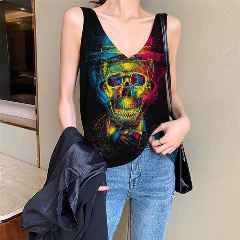 Skull Tank Top Women Punk Vest Print Psychedelic Anime Clothes Hat Funny Top - KYKU