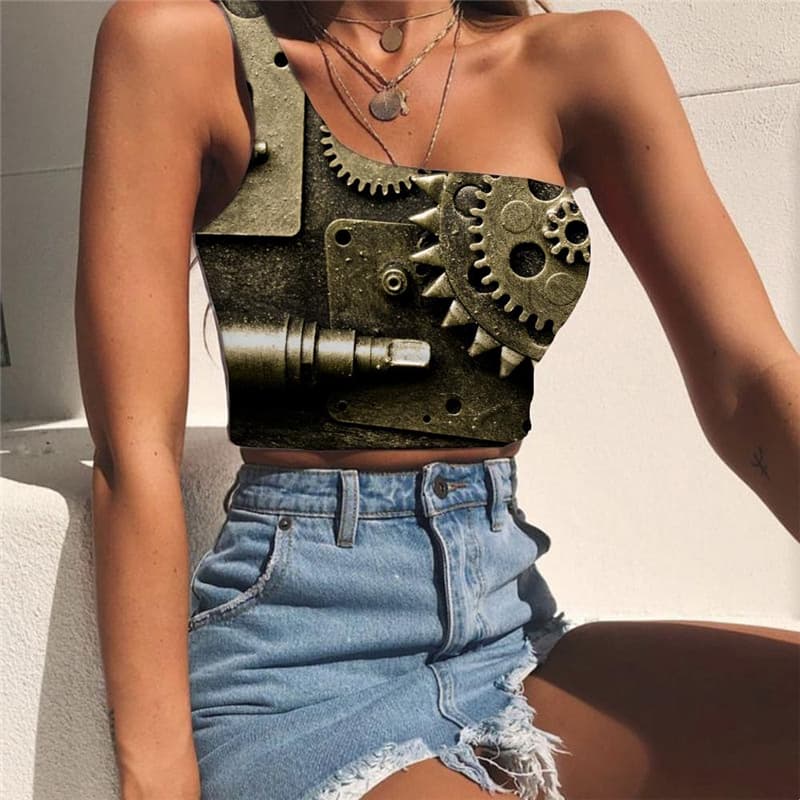 Metal Tank Tops Women Engine Sleeveless Shirt Gear Tees Graphic Paint One Shoulder Crop