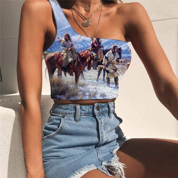 Indios Vest Tops Women Horse Tees Graphic Snow Sleeveless Shirt  One Shoulder Crop Fishing Midriff T shirt - KYKU