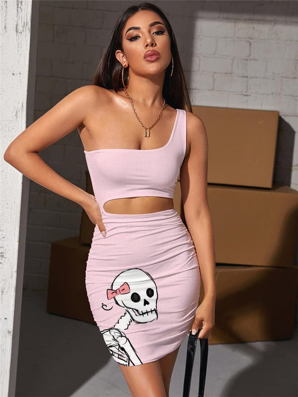 Skull Dress Women Skeleton Bodycon Dress Rock Hollow out Dresses Hip Hop Pleating