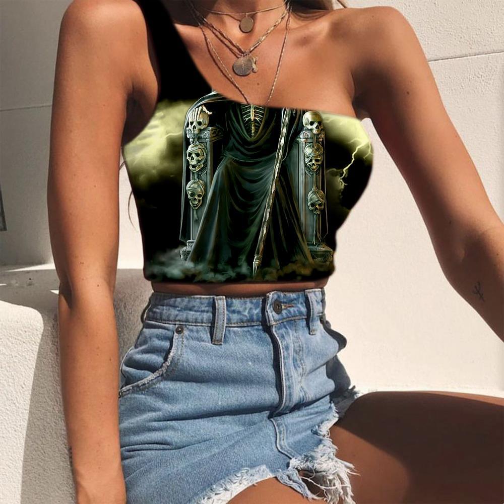 Skull Tank Tops Women Punk Midriff T shirt Grim Reaper Tees Graphic Lightning Sleeveless Shirt - KYKU