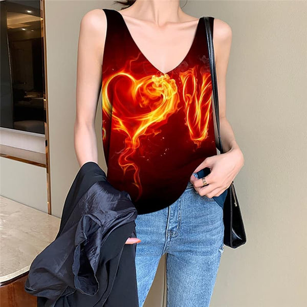 Flame Tank-Top women Love Anime Clothes Couple Vest Print Womens Clothing Silky
