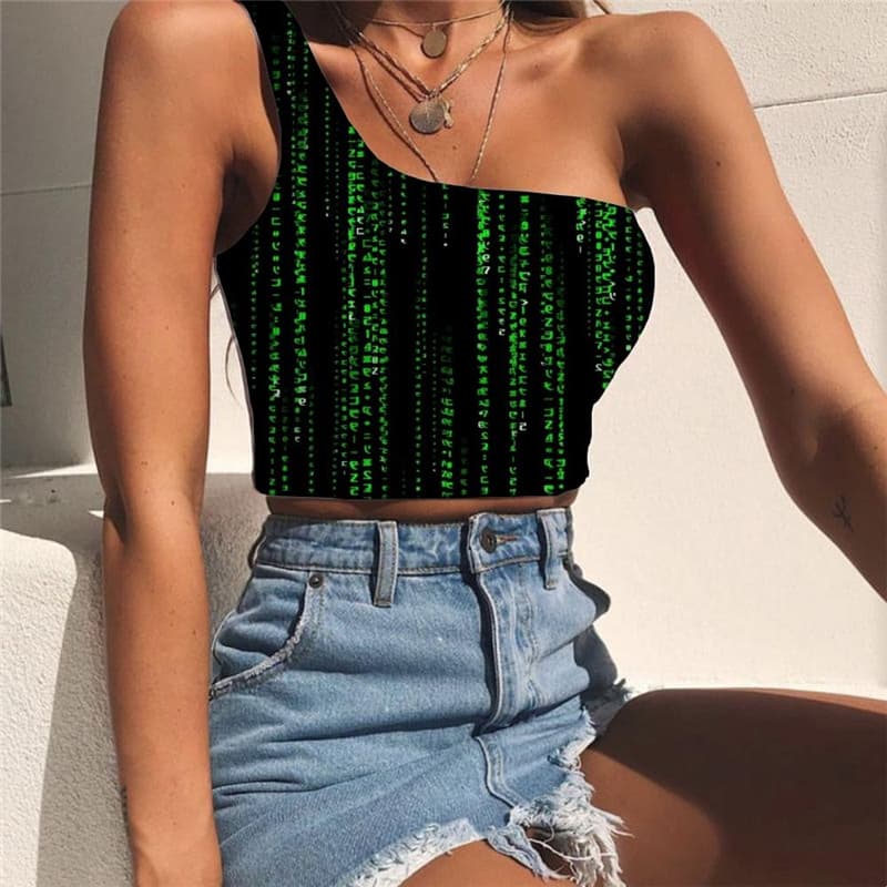 Abstract Tank Tops Women Digital Tees Graphic Black Midriff T shirt Art One Shoulder Crop