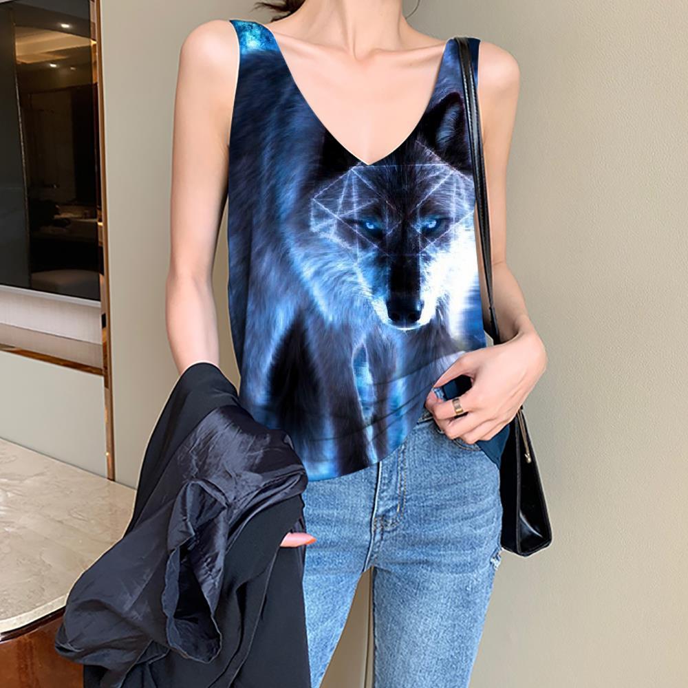 Wolf Tank Top Women Animal Vest Print Anime Tank Tops Casual Blue Anime Clothes Nebula Funny Top - KYKU