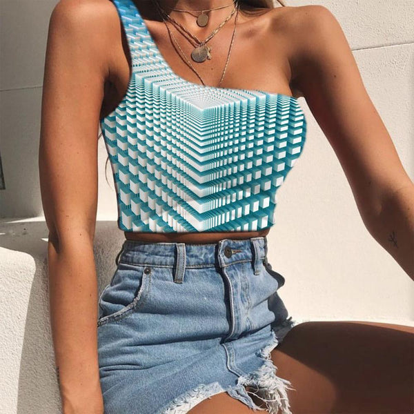 Geometric Tank Tops Women Psychedelic Sleeveless Shirt Vortex One Shoulder Crop Blue Midriff T shirt - KYKU