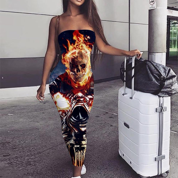 Skull Dress Women Punk Vestido Sexy Flame Boho Motorcycle Sundress - KYKU