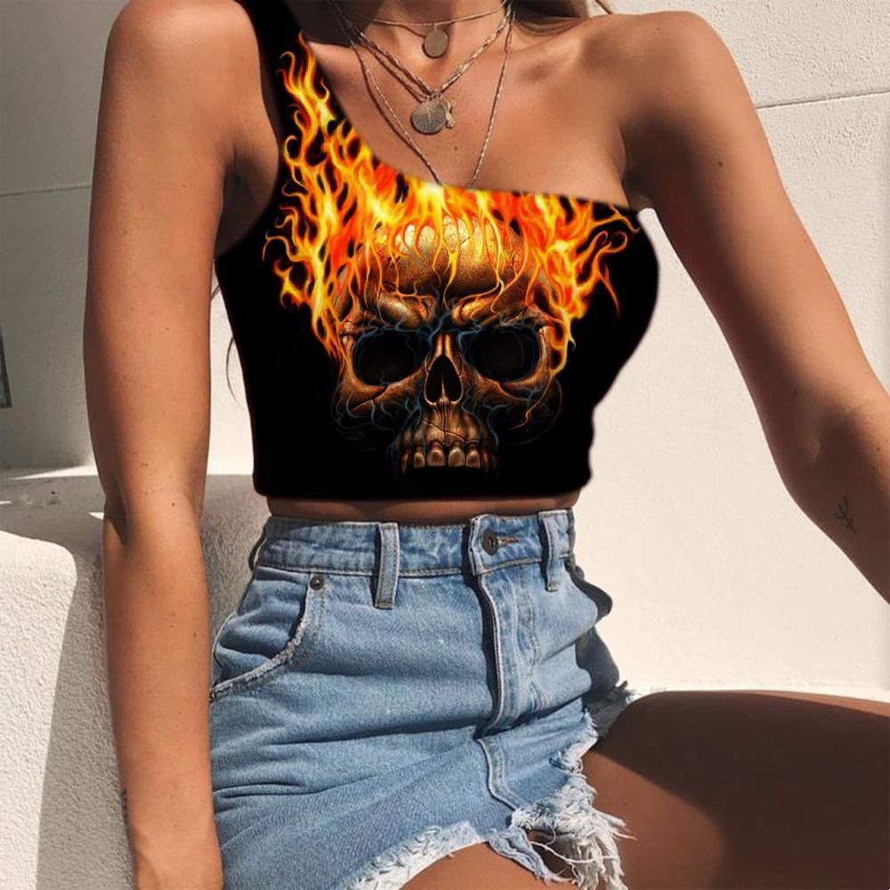 Skull Tank Tops Women Punk Midriff T shirt Flame One Shoulder Crop Skull Sleeveless Shirt - KYKU