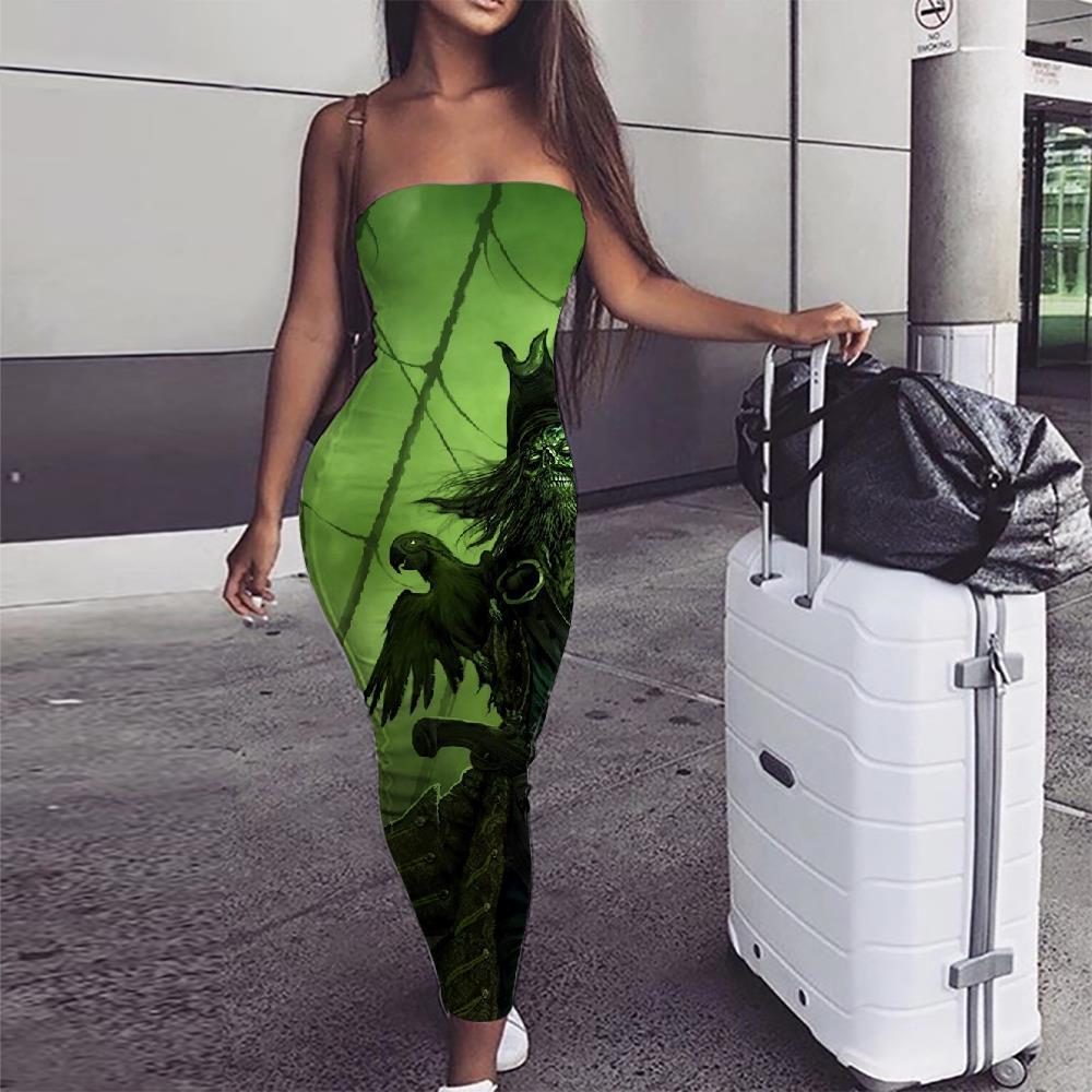 Skull Dress Women Punk Party Pirate Bodycon Dress Green Boho Captain sleeveless - KYKU