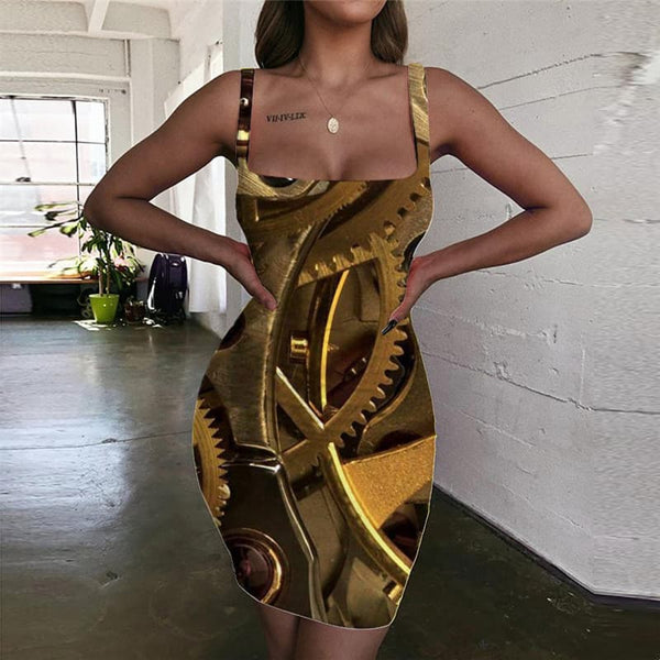 Metal Dress Women Engine Bodycon Dress Gear Sundress Art 3d Print
