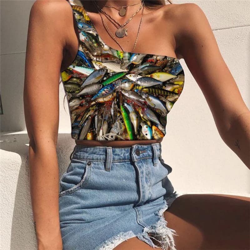 Fish Vest Tops Women Fisherman Sleeveless Shirt Animal Tees Graphic Tropical One Shoulder Crop Fishinger Midriff T shirt