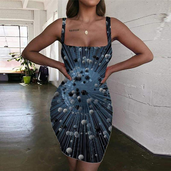 Geometric Dresses Women Psychedelic Halter Sleeveless Vortex Bodycon Dress Black And White Sundress Ball Ladies Dresses - KYKU