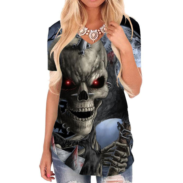 Skull T Shirt Women Skeleton Funny T shirts Halloween Tshirts Printed Moon V-neck Tshirt