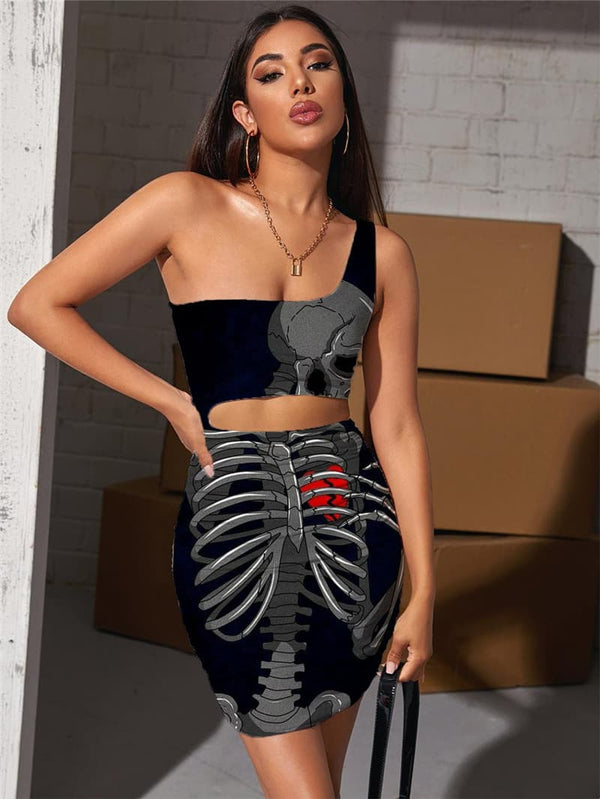 Skull Dresses Women Skeleton Pleating Broken Heart Vestido Sexy Rock 3d Print