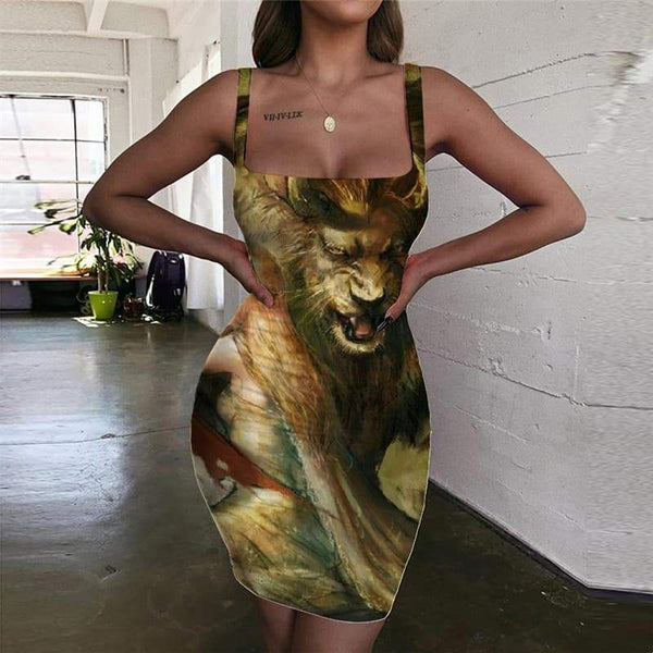 Lion Dresses Women Animal 3d Print Anime Halter Sleeveless Graffiti Vestido Sexy War Bodycon Dress - KYKU