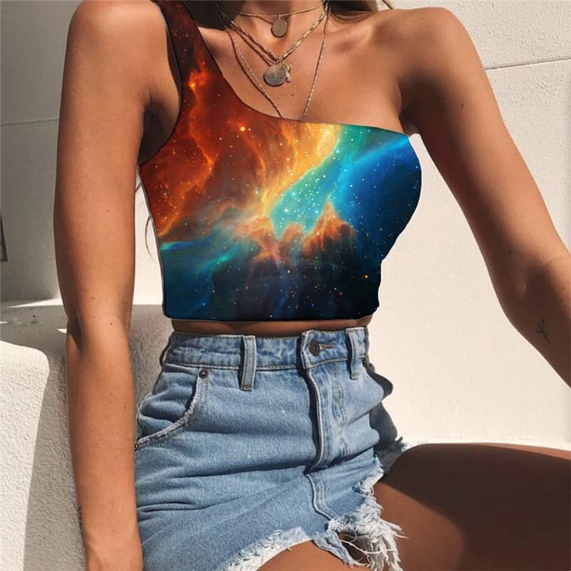 Galaxy Tank Tops Women Space One Shoulder Crop Universe Midriff T shirt Colorful Sleeveless Shirt Nebula Tees Graphic