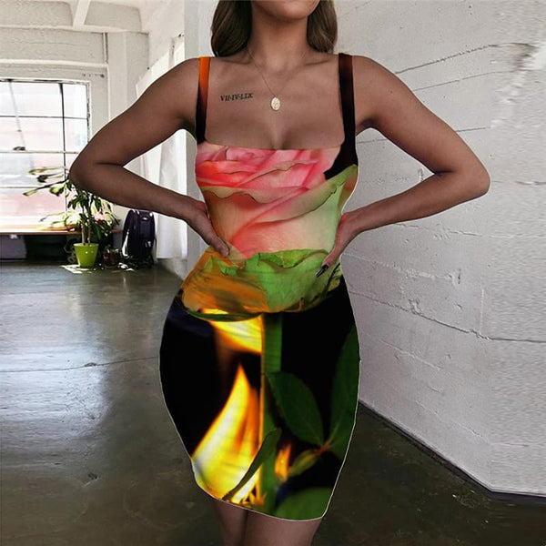 Flame Dress Women Art Vestido Sexy Flower Bodycon Dress Womens Clothing Party