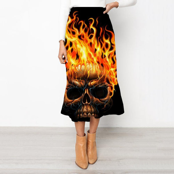Skull Skirts Women Punk School skirt Flame Rock Frauen Skull High waist skirts - KYKU
