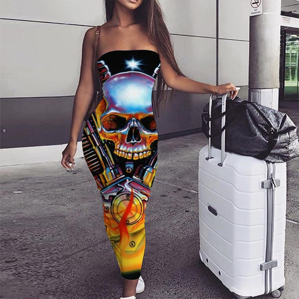 Skull Dress Women Punk sleeveless Flame Ladies Dresses Motorcycle Sundress - KYKU