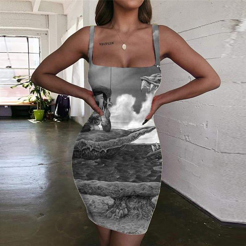 Indios Dresses Women Fishing Halter Sleeveless Bear Bodycon Dress Hip Hop Vestido Sexy - KYKU