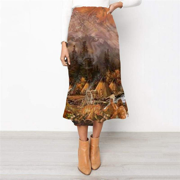 Indios Skirt Women Wolf Rock Frauen Flame Skirt Ladies Forest School skirt - KYKU
