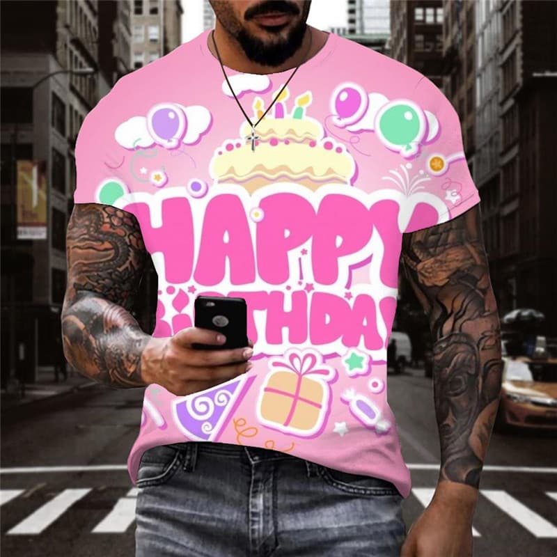 Happy Birthday T-shirt Men Cake Funny T shirts Ice Cream Tshirts Casual Pink Tshirt Printed