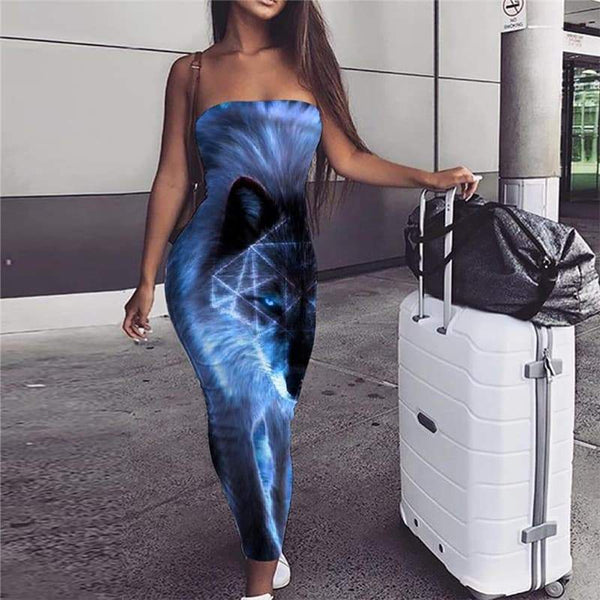 Wolf Dress Women Animal Bodycon Dress Anime Vestido Sexy Blue 3d Print Nebula Ladies Dresses - KYKU