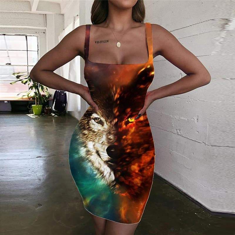 Wolf Dresses Women Animal 3d Print Anime Ladies Dresses Nebula Halter Sleeveless Space Bodycon Dress - KYKU