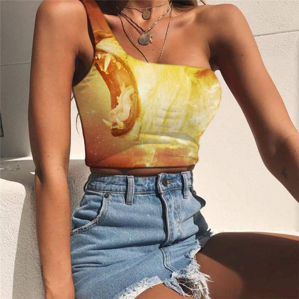 Lion Tank Tops Women Animal Midriff T shirt Anime One Shoulder Crop Flame Sleeveless Shirt Nebula Tees Graphic - KYKU