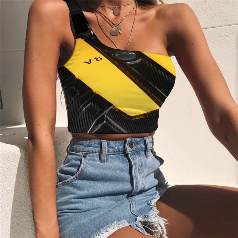 Metal Tank Tops Women Engine Tees Graphic Gear Sleeveless Shirt Engine One Shoulder Crop