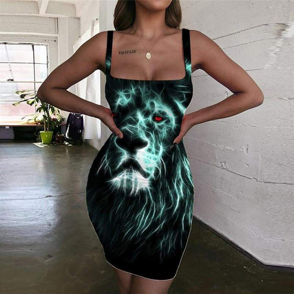 Lion Dresses Women Animal Halter Sleeveless Anime Ladies Dresses Black Bodycon Dress Harajuku Sundress - KYKU
