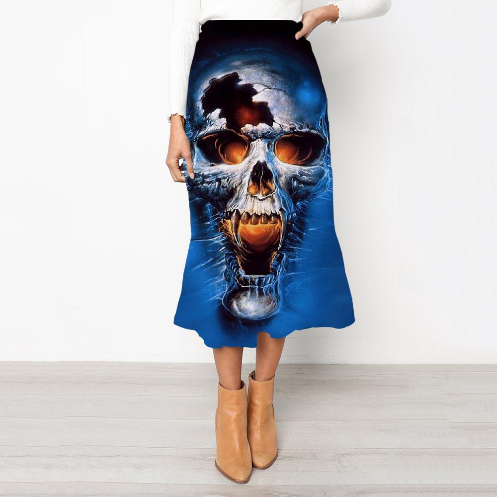 Skull Skirts Women Punk High waist skirts Blue School skirt Water Rock Frauen - KYKU