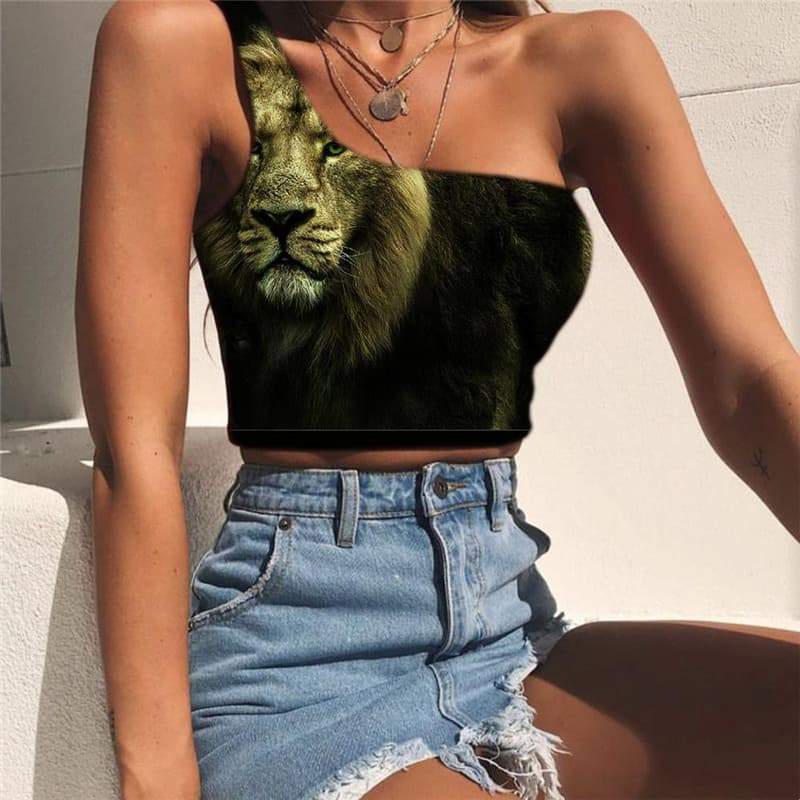 Lion Vest Tops Women Animal Tees Graphic Anime Sleeveless Shirt Harajuku Midriff T shirt Hilarious One Shoulder Crop - KYKU