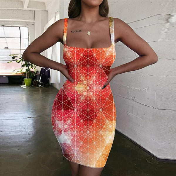 Colorful Dresses Women Cube Bodycon Dress Geometry Halter Sleeveless Street Vestido Sexy