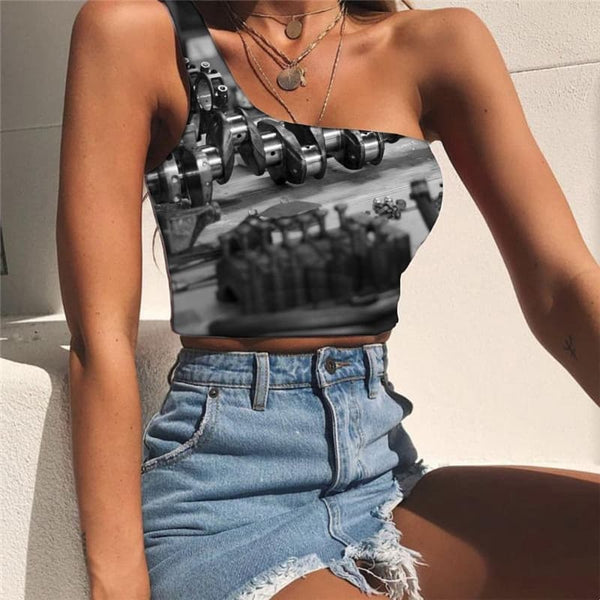 Metal Tank Tops Women Engine Sleeveless Shirt Gear Midriff T shirt Black One Shoulder Crop