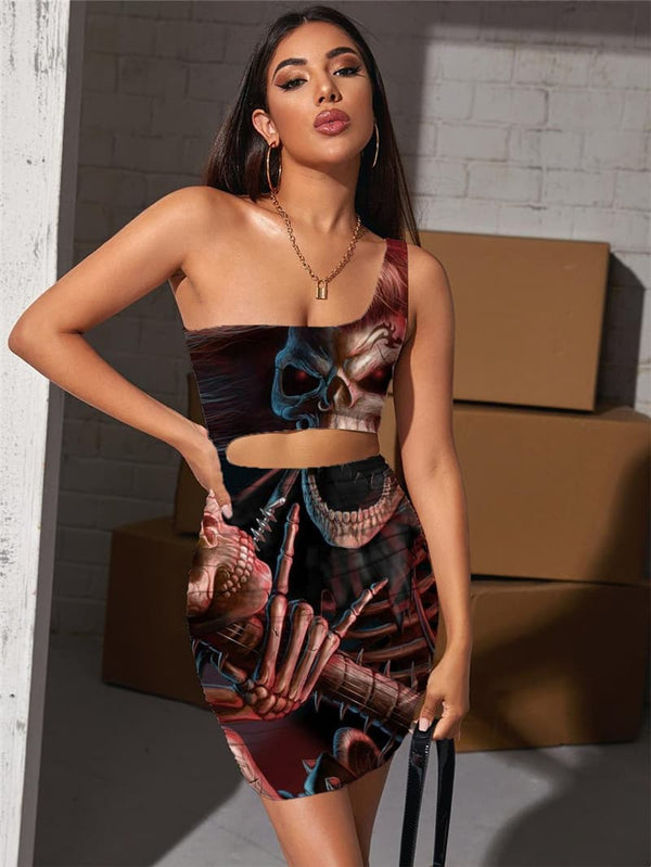 Skull Dresses Women Skeleton 3d Print Hip Hop Halter Sleeveless Punk Bodycon Dress Rock Vestido Sexy