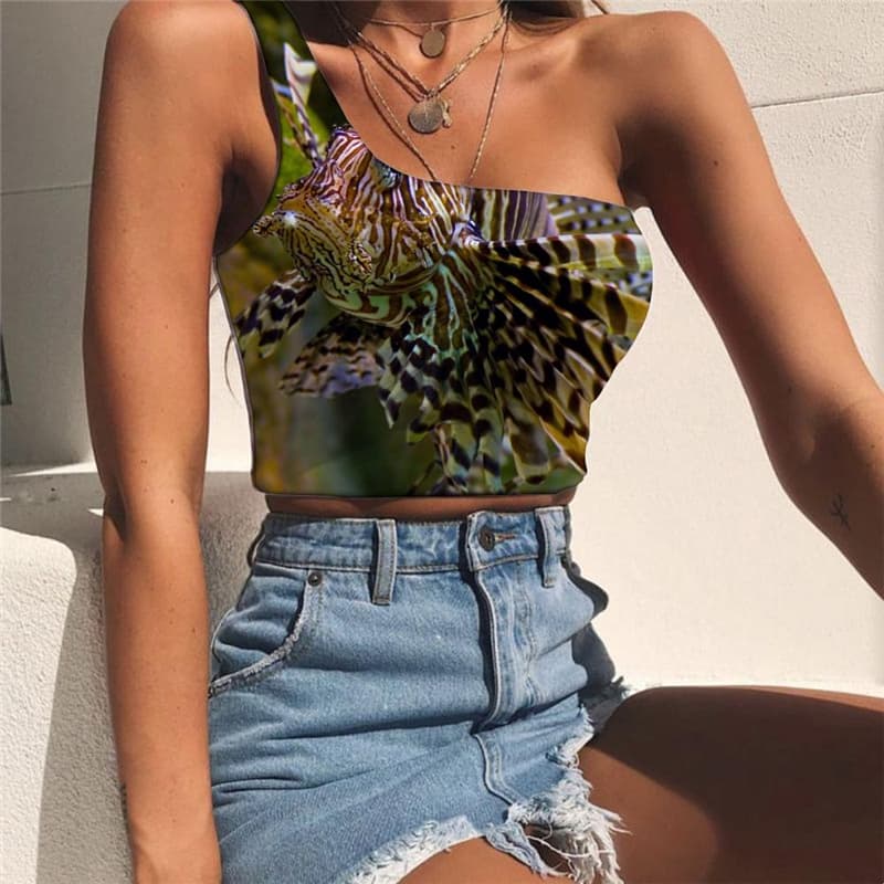 Fish Vest Tops Women Gothic Midriff T shirt Animal Tees Graphic Funny One Shoulder Crop Tropical Sleeveless Shirt