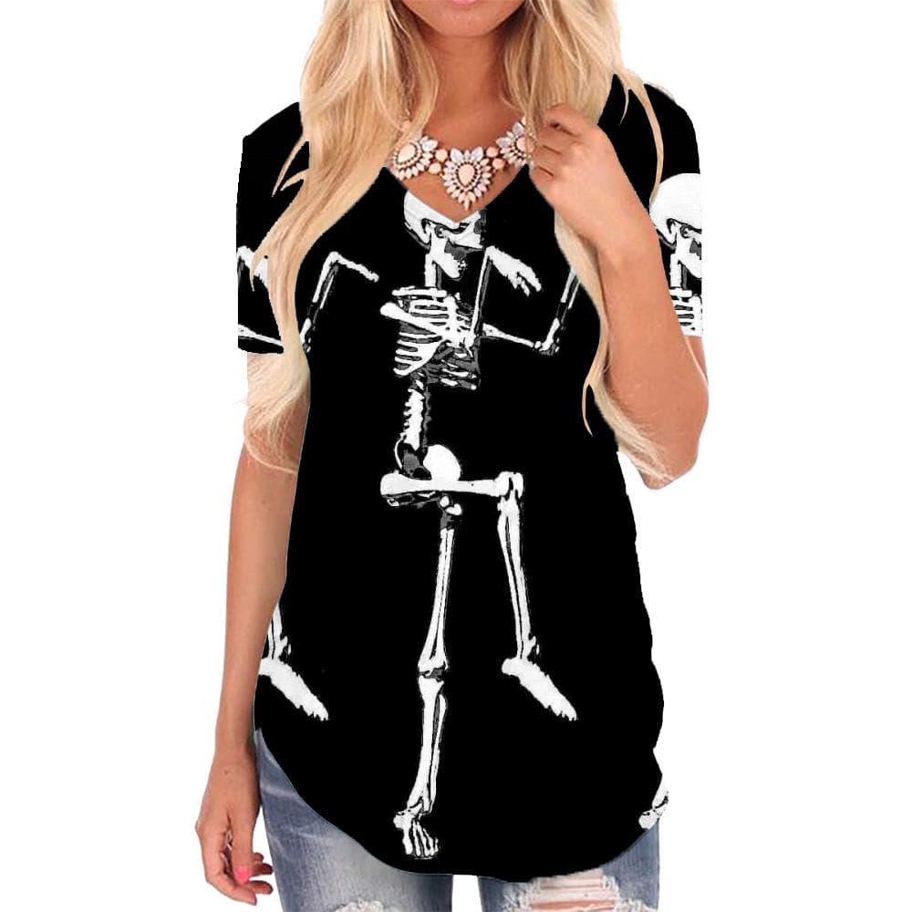 Skull T Shirt Women Skeleton Shirt Print Dancing V-neck Tshirt Funny T-shirts 3d