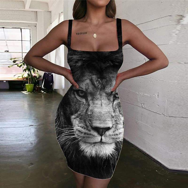Lion Dresses Women Animal Ladies Dresses Anime Sundress Harajuku 3d Print Street Halter Sleeveless - KYKU