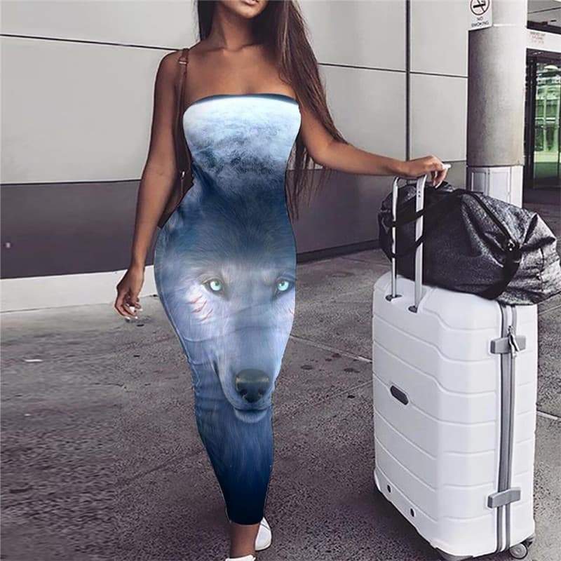 Wolf Dress Women Animal Party Anime Bodycon Dress Moon Sundress Head Boho - KYKU
