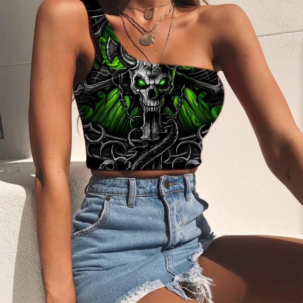 Skull Vest Tops Women Punk Tees Graphic Devil Sleeveless Shirt Wing Midriff T shirt Iron Chain One Shoulder Crop - KYKU