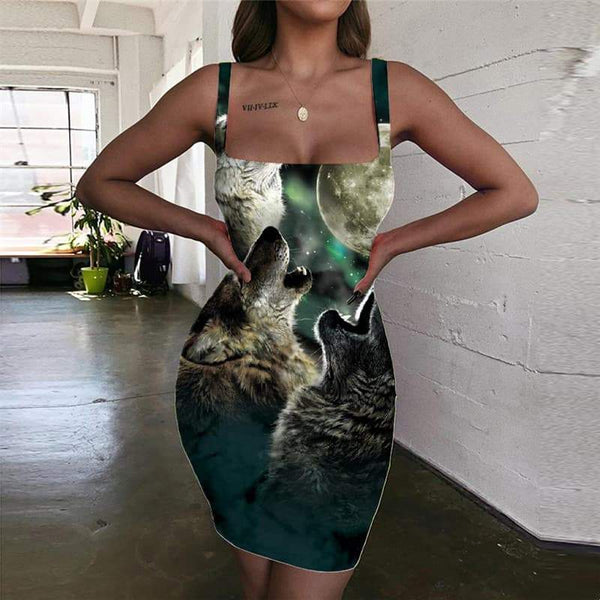 Wolf Dress Women Animal Sundress Anime 3d Print Moon Ladies Dresses Wolf Pack Bodycon Dress - KYKU