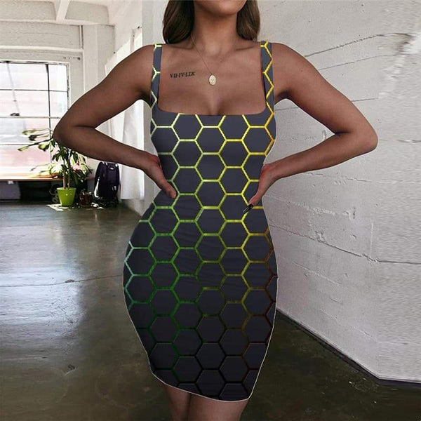 Geometric Dress Women Psychedelic Bodycon Dress Vortex Sundress Honeycomb 3d Print Square Halter Sleeveless - KYKU