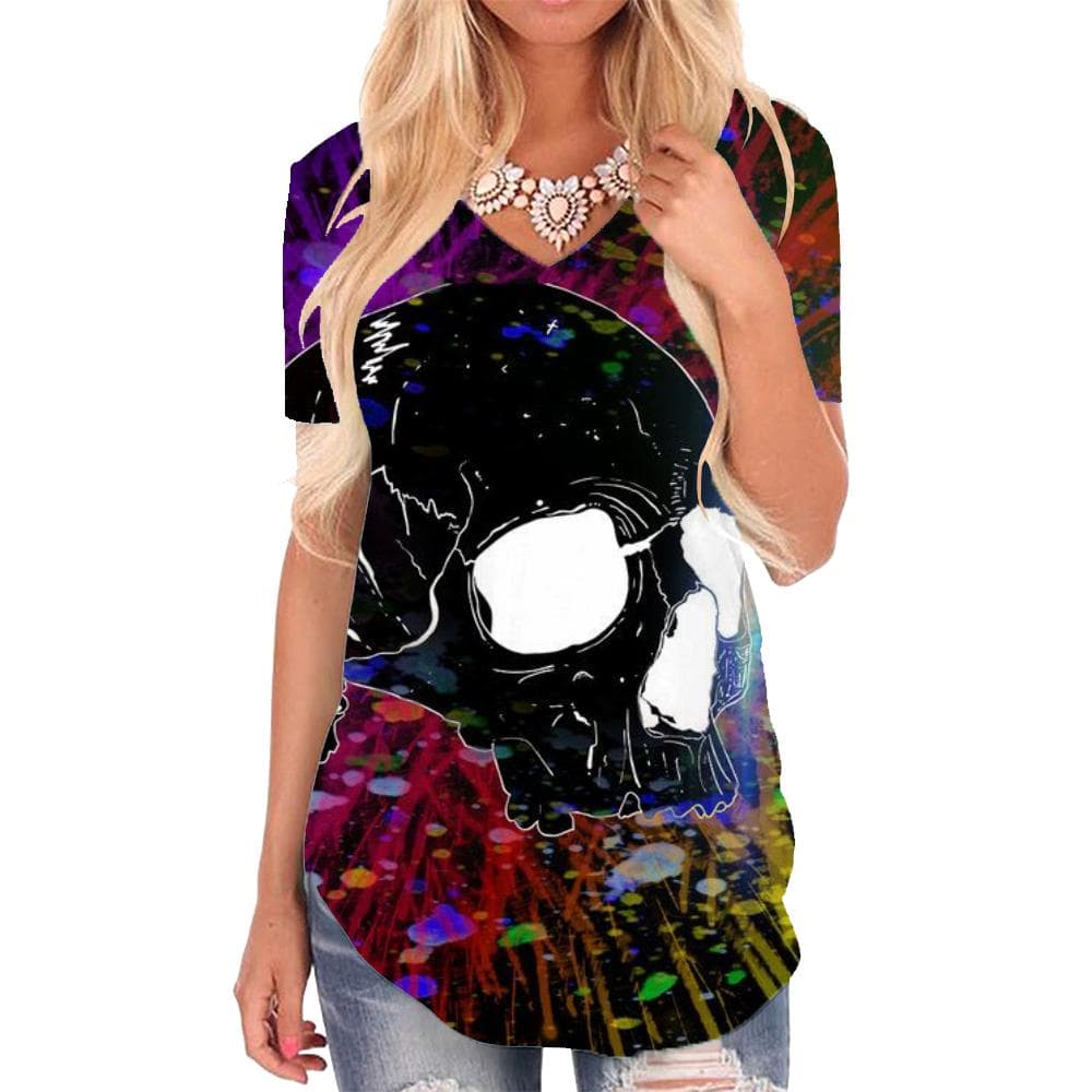 Skull T-shirt women Graffiti V-neck Tshirt Colorful Shirt Print Rock T-shirts 3d