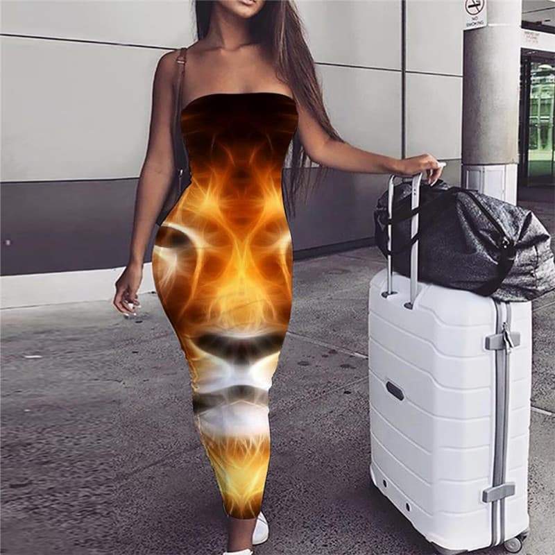 Lion Dress Women Animal sleeveless Anime Boho Flame Ladies Dresses Harajuku 3d Print - KYKU