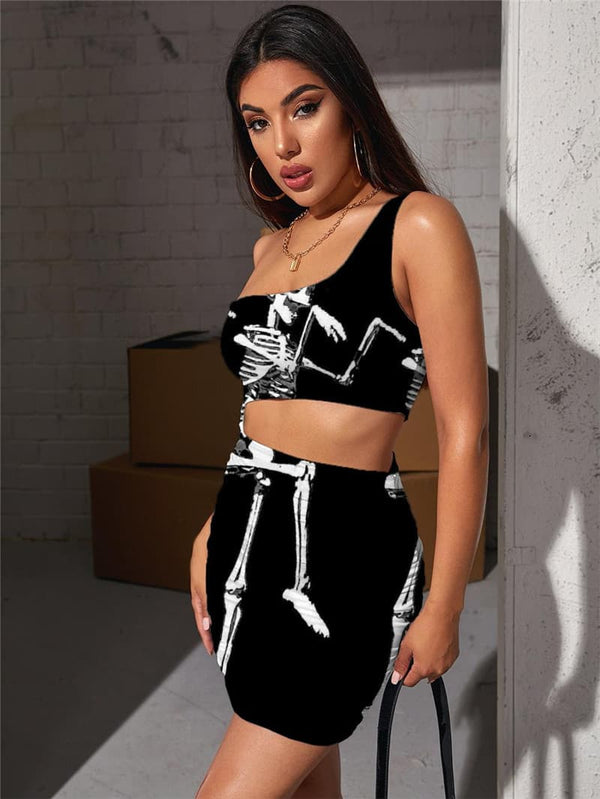 
Skull Dresses Women Skeleton Halter Sleeveless Dancing Hollow out Dresses Funny Vestido Sexy
                