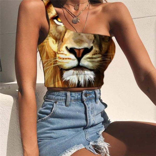 Lion Vest Tops Women Animal Sleeveless Shirt Anime Tees Graphic Street Midriff T shirt Harajuku One Shoulder Crop - KYKU