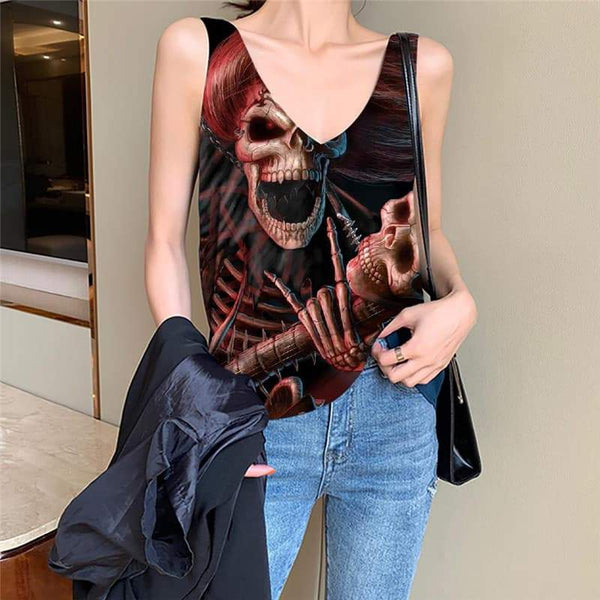 Skull Tank Top Women Punk Vest Print Devil Funny Top Music Anime Clothes - KYKU